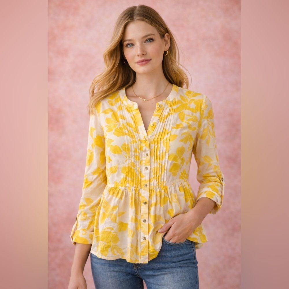 Anthropologie Maeve Sheer Yellow Floral Pintuck Peplum Blouse Button  Size 8